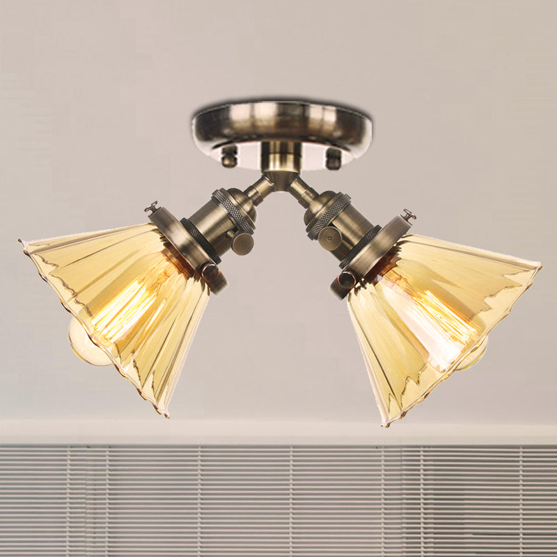 Industrial Cone Shade Semi Mount Ceiling Light With Amber/Clear Glass (2 Heads) In Black/Bronze For