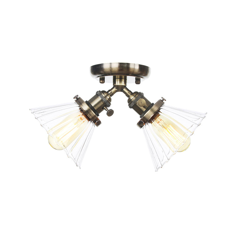 Industrial Cone Shade Semi Mount Ceiling Light With Amber/Clear Glass (2 Heads) In Black/Bronze For