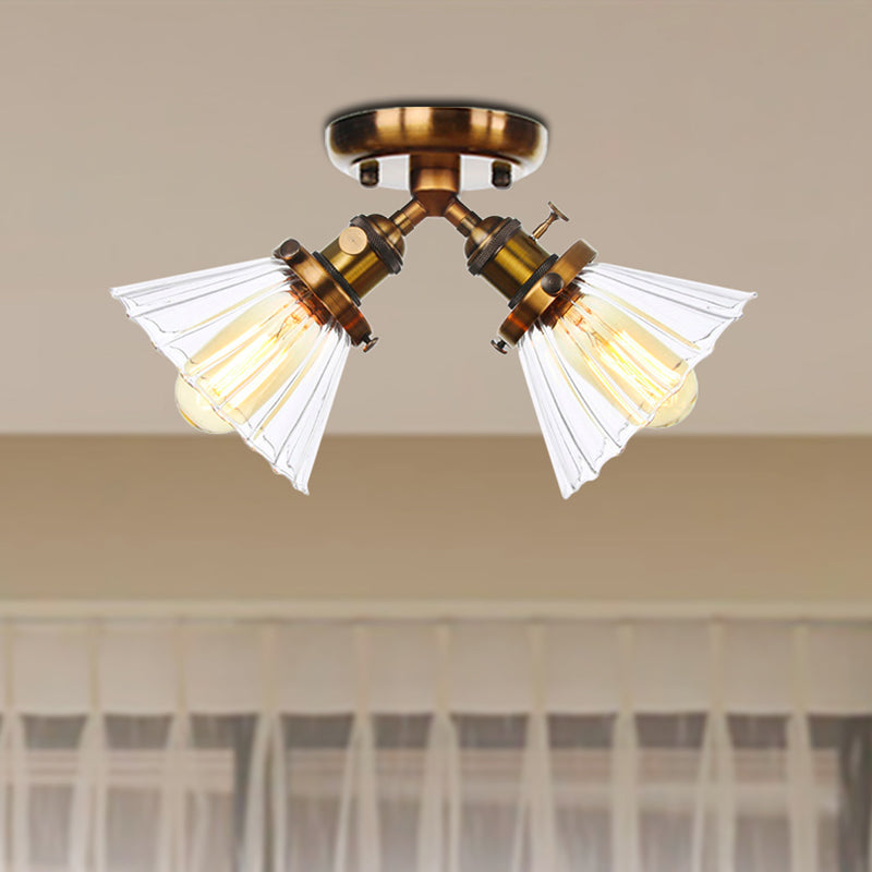 Industrial Cone Shade Semi Mount Ceiling Light With Amber/Clear Glass (2 Heads) In Black/Bronze For