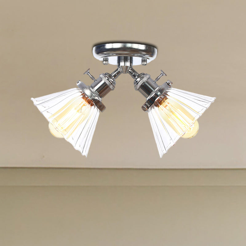 Industrial Cone Shade Semi Mount Ceiling Light With Amber/Clear Glass (2 Heads) In Black/Bronze For