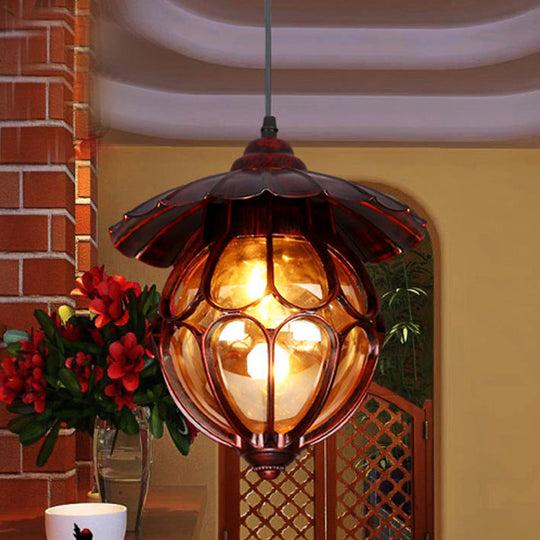 Copper Globe Pendant Light With Amber Glass And Scalloped Deco - Farmhouse Style