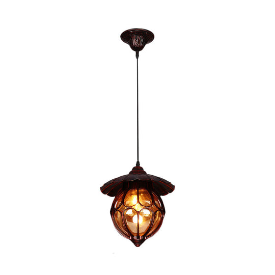 Copper Globe Pendant Light With Amber Glass And Scalloped Deco - Farmhouse Style