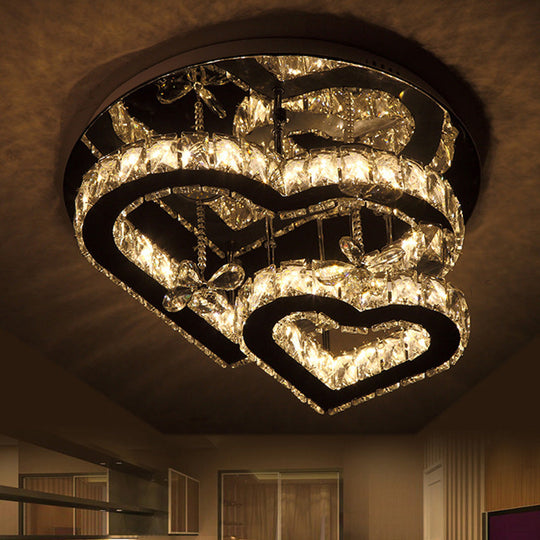 Loving Heart Ceiling Flush Light With Maple Leaf Charm - 2 Tiers Stainless Steel Mirror Crystal