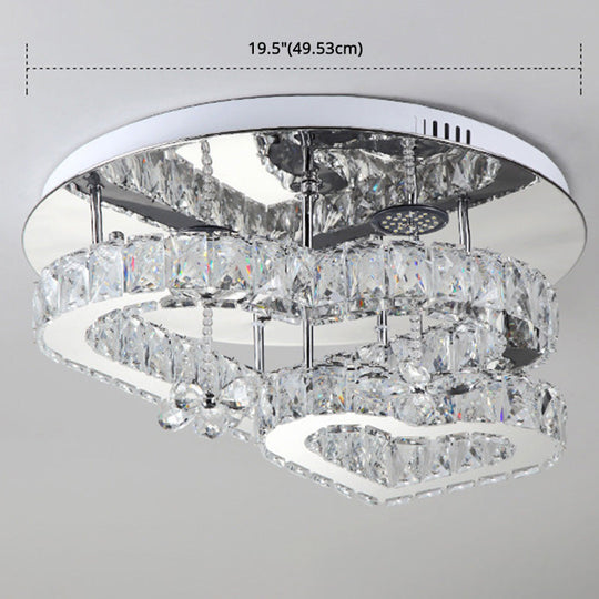 Loving Heart Ceiling Flush Light with Maple Leaf Charm - 2 Tiers, Stainless Steel Mirror Crystal Bedroom LED Lamp