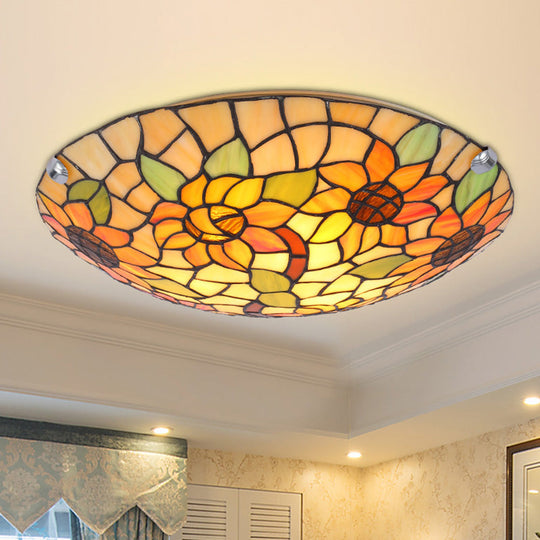 Tiffany Style Stained Glass Ceiling Light With Flower & Leaf Pattern - Retro Mediterranean Flush