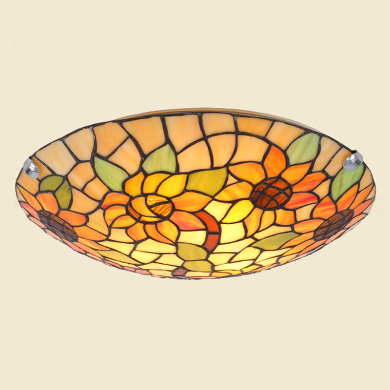 Tiffany Style Stained Glass Ceiling Light With Flower & Leaf Pattern - Retro Mediterranean Flush