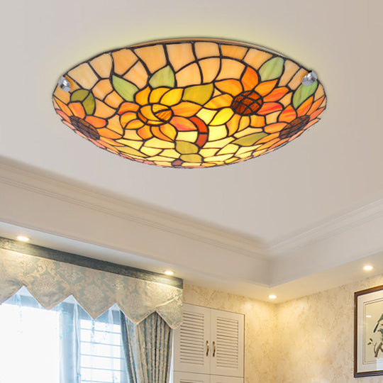 Tiffany Style Stained Glass Ceiling Light with Flower & Leaf Pattern - Retro Mediterranean Flush Mount Fixture for Restaurant Entrance Hall