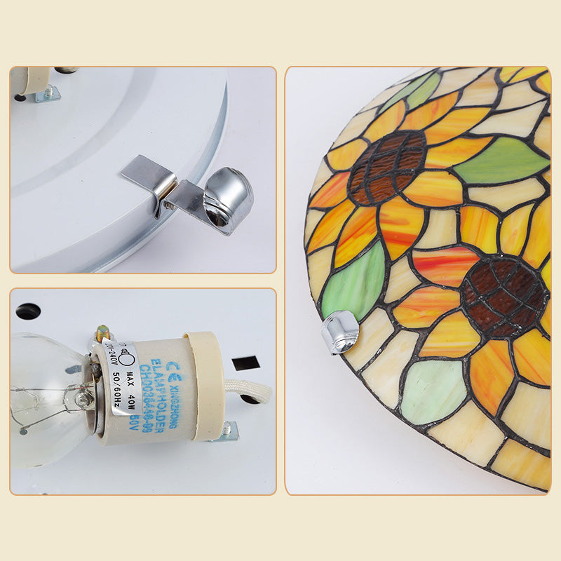 Tiffany Style Stained Glass Ceiling Light with Flower & Leaf Pattern - Retro Mediterranean Flush Mount Fixture for Restaurant Entrance Hall