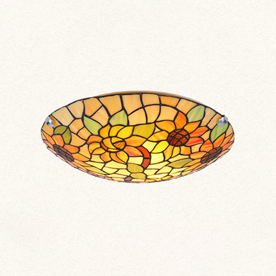 Tiffany Style Stained Glass Ceiling Light With Flower & Leaf Pattern - Retro Mediterranean Flush