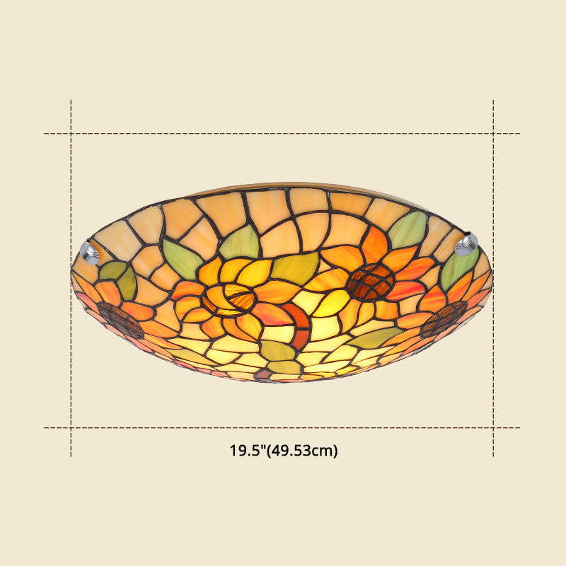 Tiffany Style Stained Glass Ceiling Light with Flower & Leaf Pattern - Retro Mediterranean Flush Mount Fixture for Restaurant Entrance Hall