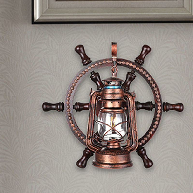 Coastal Clear Glass Kerosene Wall Sconce: Weathered Copper Bedroom Light Fixture With Wheel