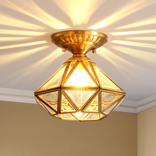 European Style Flush-mount Ceiling Light: Full Brass, Glass Shade, 1 Light Polyhedron Design, Bedroom Lighting