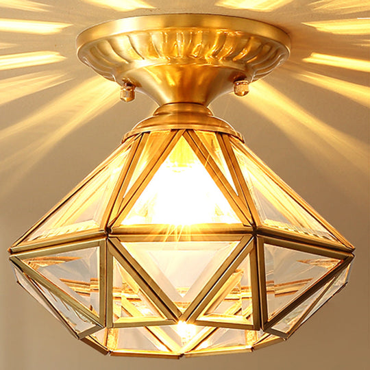 European Style Flush-mount Ceiling Light: Full Brass, Glass Shade, 1 Light Polyhedron Design, Bedroom Lighting