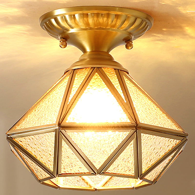 European Style Flush-mount Ceiling Light: Full Brass, Glass Shade, 1 Light Polyhedron Design, Bedroom Lighting