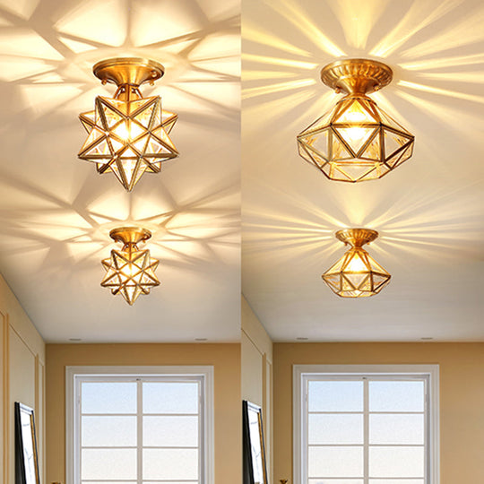 European Style Flush-mount Ceiling Light: Full Brass, Glass Shade, 1 Light Polyhedron Design, Bedroom Lighting