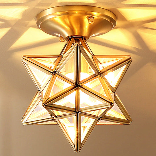 European Style Flush-mount Ceiling Light: Full Brass, Glass Shade, 1 Light Polyhedron Design, Bedroom Lighting