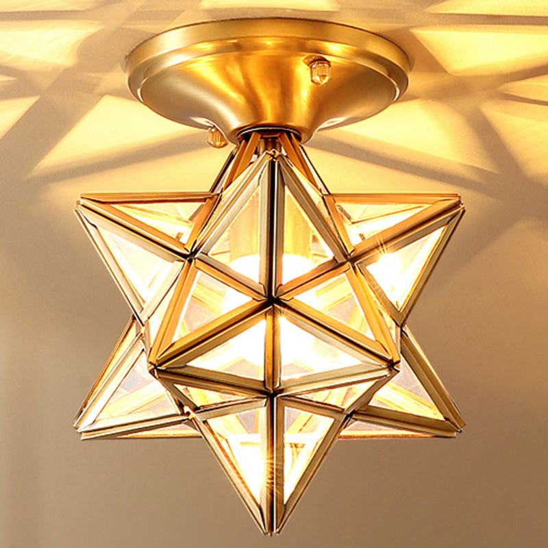 European Style Flush-Mount Ceiling Light: Full Brass Glass Shade 1 Light Polyhedron Design Bedroom