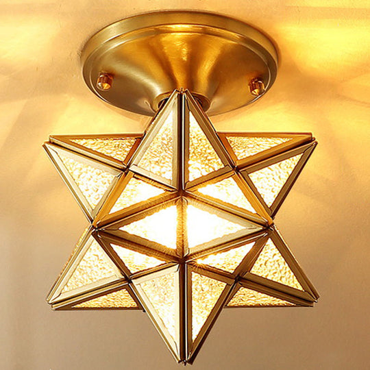 European Style Flush-mount Ceiling Light: Full Brass, Glass Shade, 1 Light Polyhedron Design, Bedroom Lighting