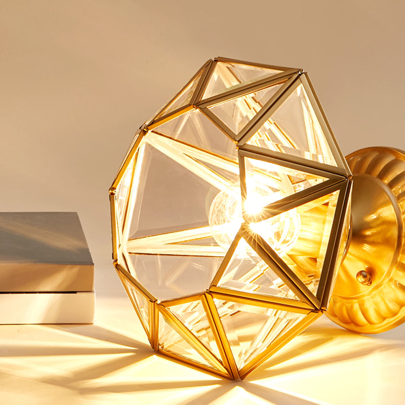 European Style Flush-mount Ceiling Light: Full Brass, Glass Shade, 1 Light Polyhedron Design, Bedroom Lighting