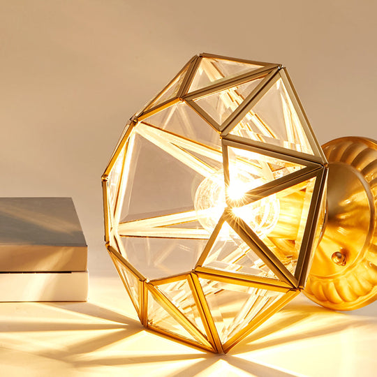 European Style Flush-Mount Ceiling Light: Full Brass Glass Shade 1 Light Polyhedron Design Bedroom