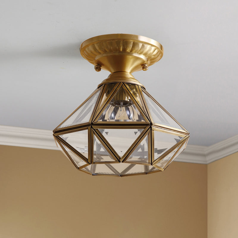 European Style Flush-mount Ceiling Light: Full Brass, Glass Shade, 1 Light Polyhedron Design, Bedroom Lighting