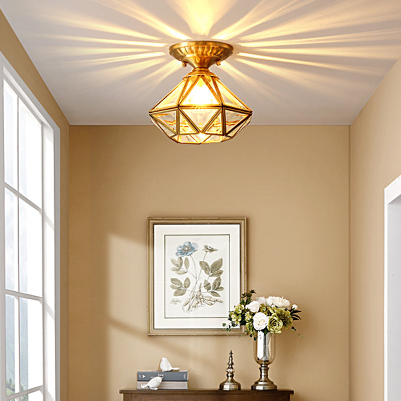 European Style Flush-mount Ceiling Light: Full Brass, Glass Shade, 1 Light Polyhedron Design, Bedroom Lighting