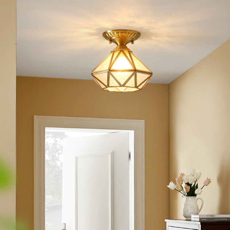 European Style Flush-mount Ceiling Light: Full Brass, Glass Shade, 1 Light Polyhedron Design, Bedroom Lighting