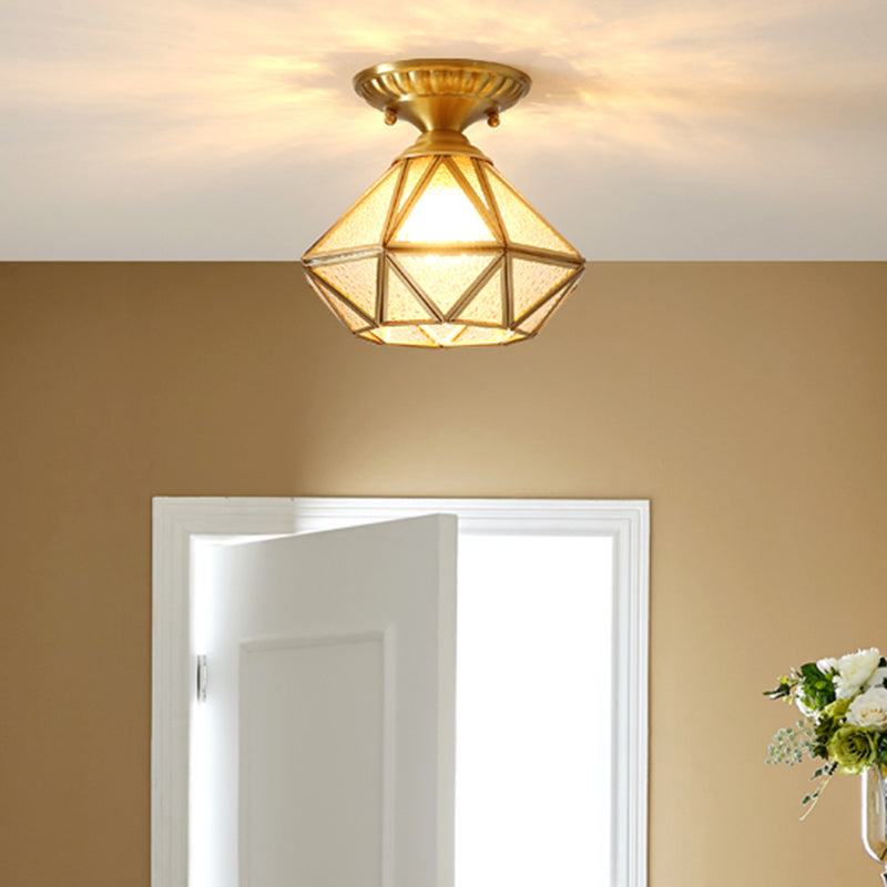 European Style Flush-mount Ceiling Light: Full Brass, Glass Shade, 1 Light Polyhedron Design, Bedroom Lighting