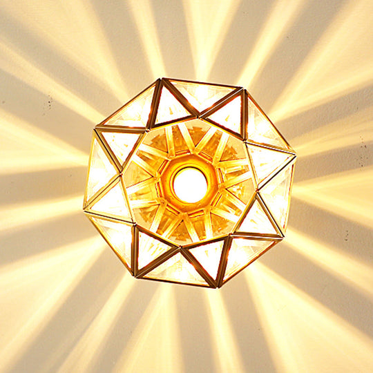 European Style Flush-mount Ceiling Light: Full Brass, Glass Shade, 1 Light Polyhedron Design, Bedroom Lighting