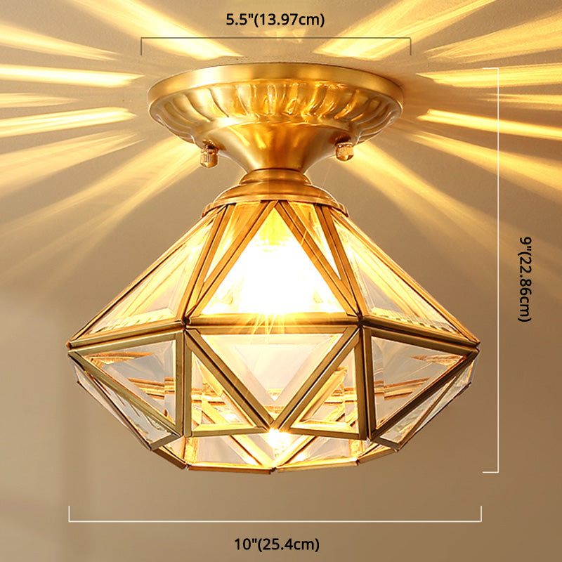 European Style Flush-mount Ceiling Light: Full Brass, Glass Shade, 1 Light Polyhedron Design, Bedroom Lighting