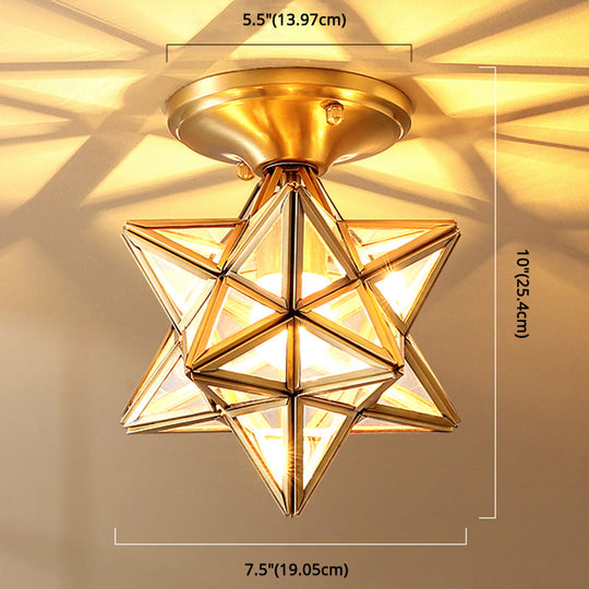 European Style Flush-mount Ceiling Light: Full Brass, Glass Shade, 1 Light Polyhedron Design, Bedroom Lighting