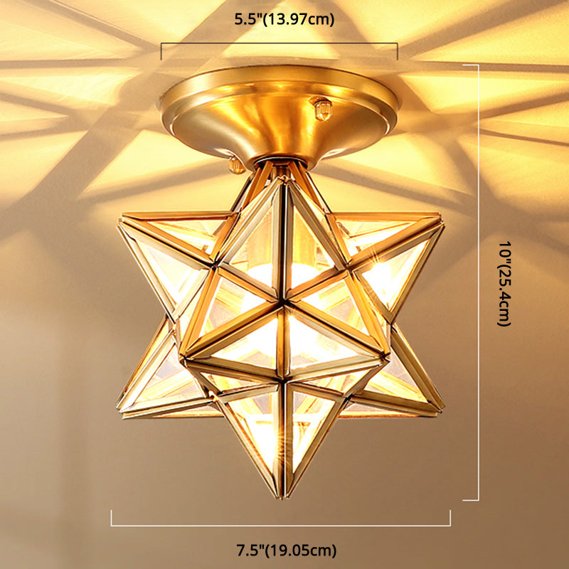 European Style Flush-Mount Ceiling Light: Full Brass Glass Shade 1 Light Polyhedron Design Bedroom