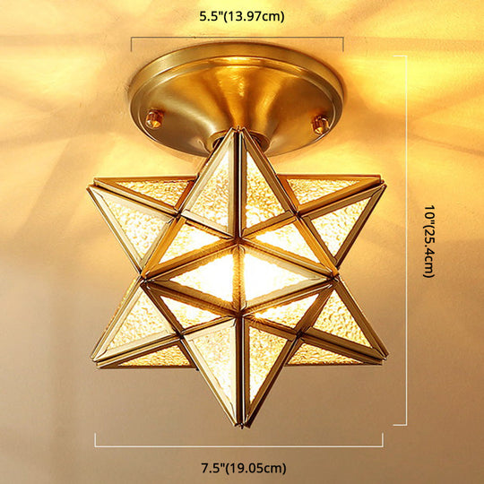 European Style Flush-mount Ceiling Light: Full Brass, Glass Shade, 1 Light Polyhedron Design, Bedroom Lighting