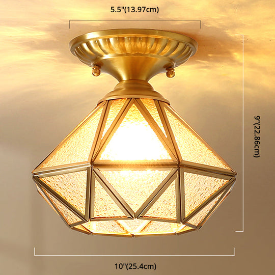 European Style Flush-mount Ceiling Light: Full Brass, Glass Shade, 1 Light Polyhedron Design, Bedroom Lighting