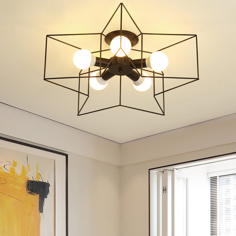 Industrial Style Ceiling Light: 5-Bulb Flush Mount Fixture with Iron Frame Lampshade - Dining Room Lighting