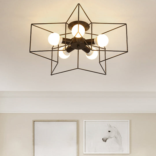 Industrial Style Ceiling Light: 5-Bulb Flush Mount Fixture with Iron Frame Lampshade - Dining Room Lighting