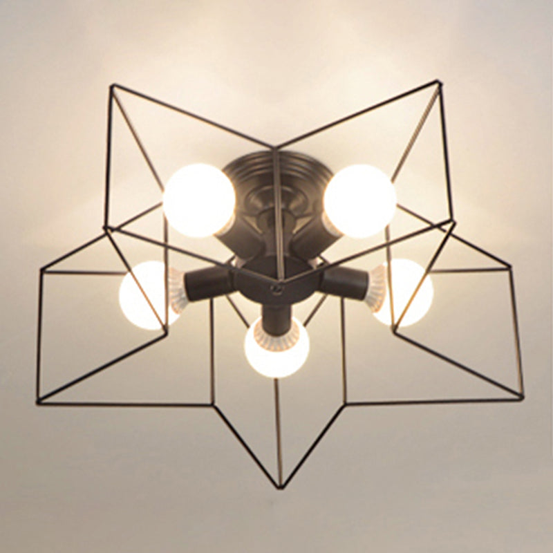 Industrial Style Ceiling Light: 5-Bulb Flush Mount Fixture With Iron Frame Lampshade - Dining Room