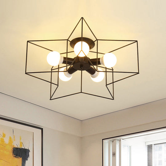 Industrial Style Ceiling Light: 5-Bulb Flush Mount Fixture with Iron Frame Lampshade - Dining Room Lighting