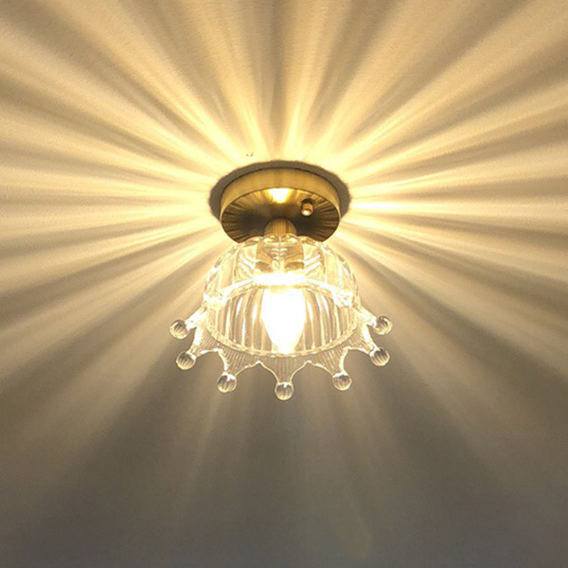 Brass Crown 1 Light Ceiling With Clear Stripes Glass Shade - Contemporary Aisle Lighting Fixture