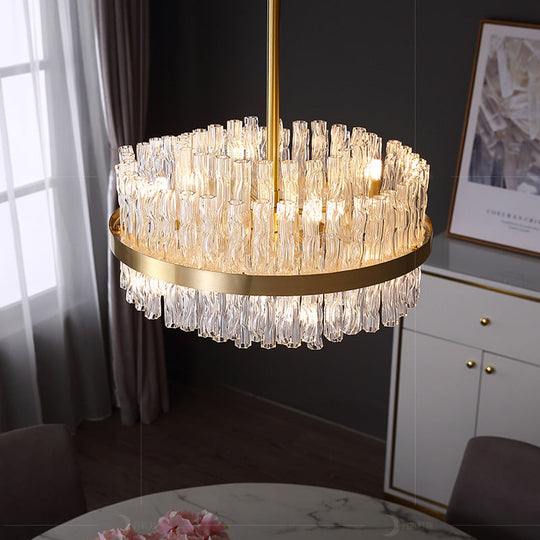 Lustre tambour en cristal doré - Design cannelé postmoderne pour un éclairage élégant - 8 lumières