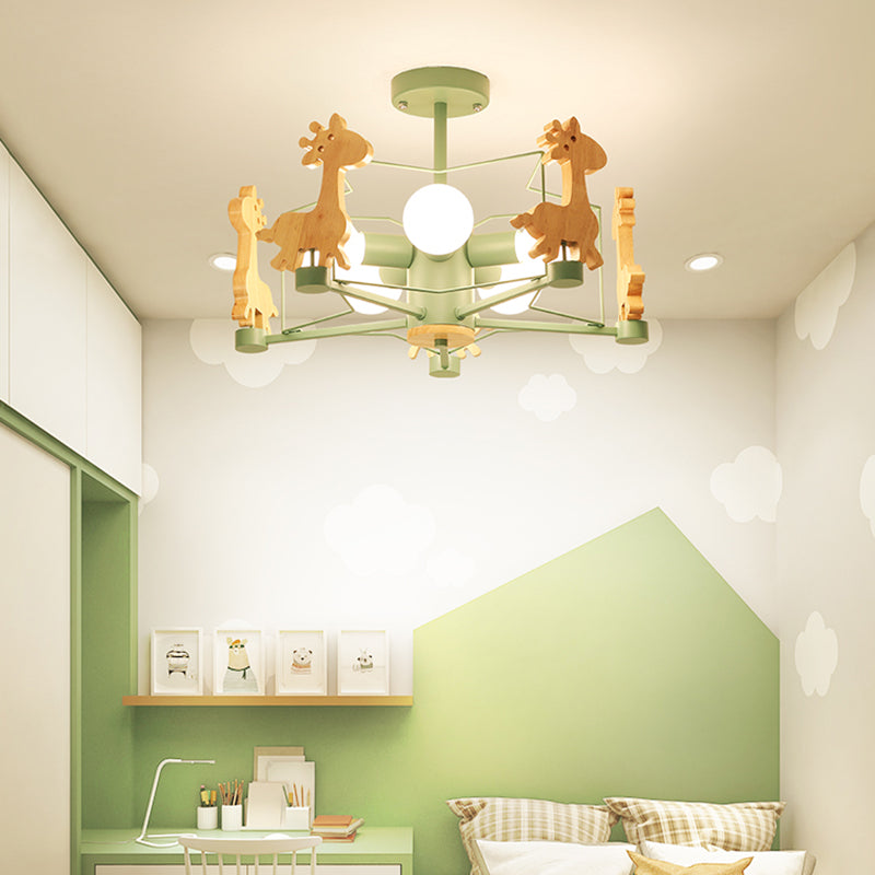 Cartoon Giraffe Wood Ceiling Light With 5-Light Semi Flush Mount - Perfect For Childrens Room Or