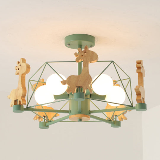 Cartoon Giraffe Wood Ceiling Light With 5-Light Semi Flush Mount - Perfect For Childrens Room Or