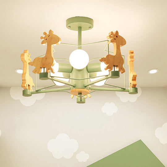 Cartoon Giraffe Wood Ceiling Light With 5-Light Semi Flush Mount - Perfect For Childrens Room Or