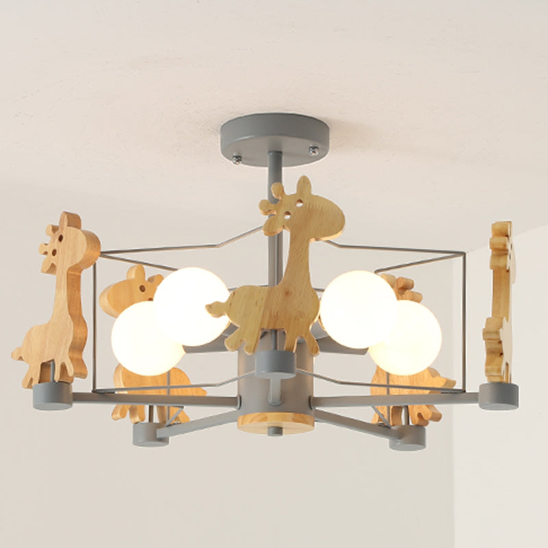 Cartoon Giraffe Wood Ceiling Light With 5-Light Semi Flush Mount - Perfect For Childrens Room Or