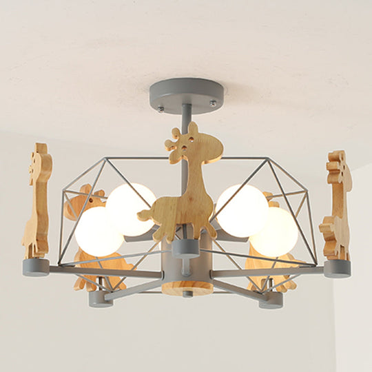 Cartoon Giraffe Wood Ceiling Light With 5-Light Semi Flush Mount - Perfect For Childrens Room Or