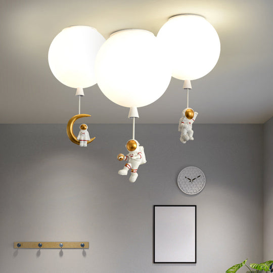 Kids Ceiling Light With Cartoon Astronaut Pendant - Round Frosted Acrylic Lampshade Flush-Mount