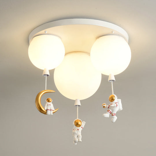 Kids Ceiling Light With Cartoon Astronaut Pendant - Round Frosted Acrylic Lampshade Flush-Mount