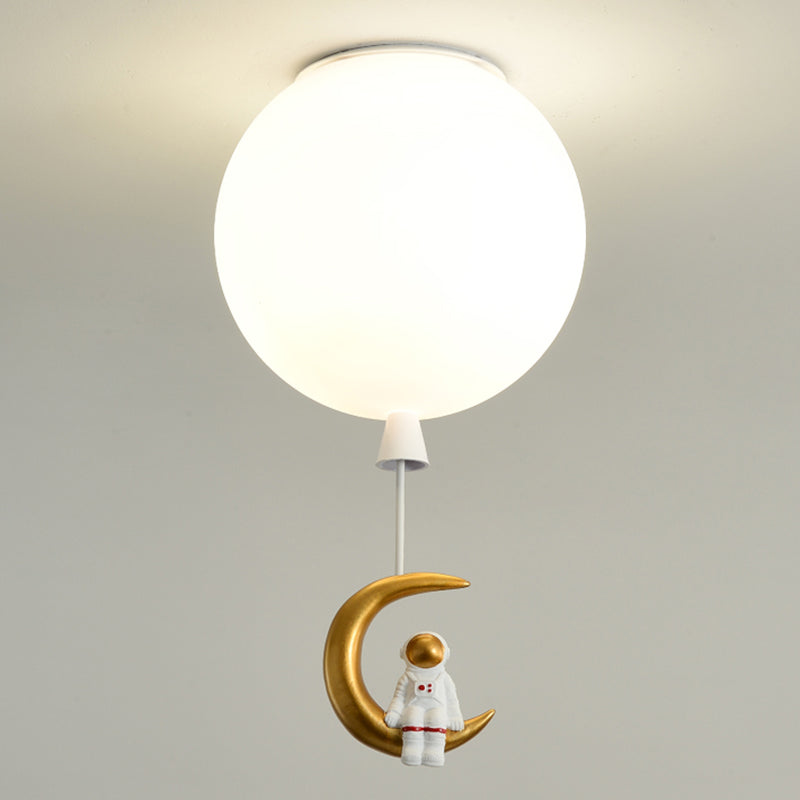 Kids Ceiling Light With Cartoon Astronaut Pendant - Round Frosted Acrylic Lampshade Flush-Mount