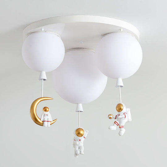 Kids Ceiling Light With Cartoon Astronaut Pendant - Round Frosted Acrylic Lampshade Flush-Mount