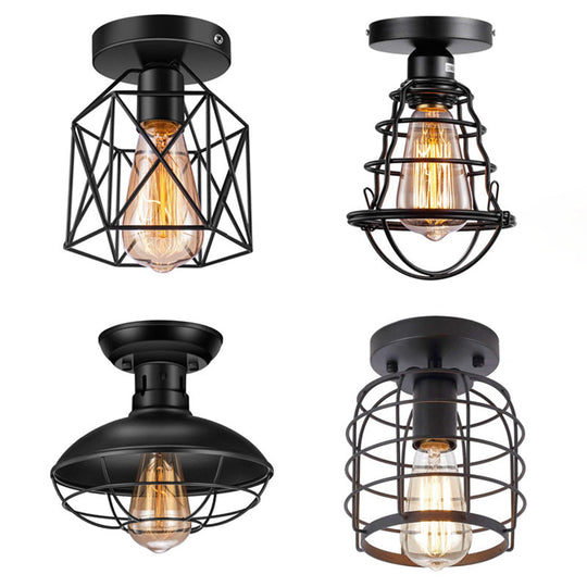 Retro Industrial Ceiling Light With Metal Frame Shade - Wrought Iron Flush-Mount Lamp In Black